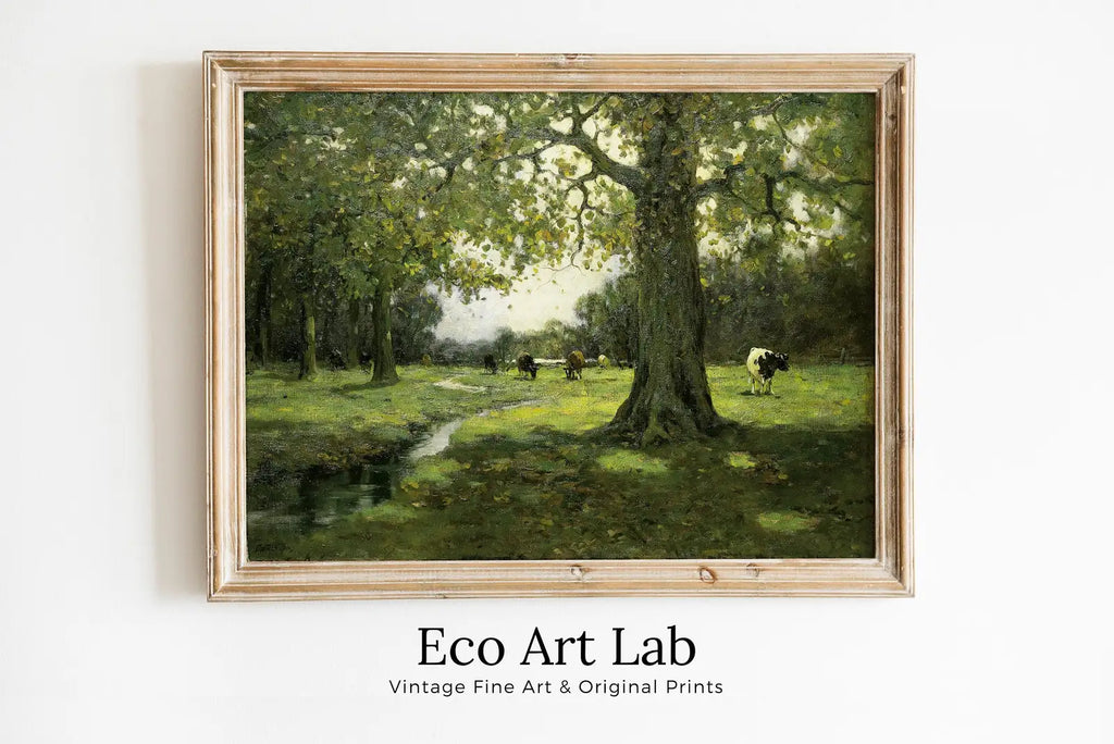Framed view of Grazing Cows Rustic Meadow Painting. Printable Antique Cow Art. Vintage Farmhouse Print. Country Landscape Painting. Vintage Landscape. – printable wall art digital download.