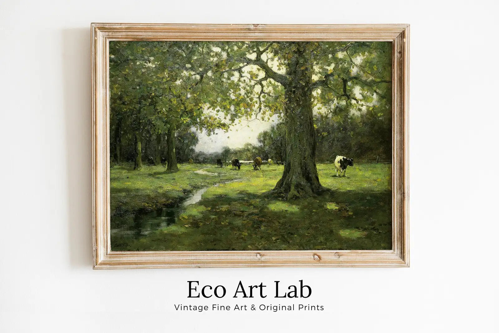 Framed view of Grazing Cows Rustic Meadow Painting. Printable Antique Cow Art. Vintage Farmhouse Print. Country Landscape Painting. Vintage Landscape. – printable wall art digital download.