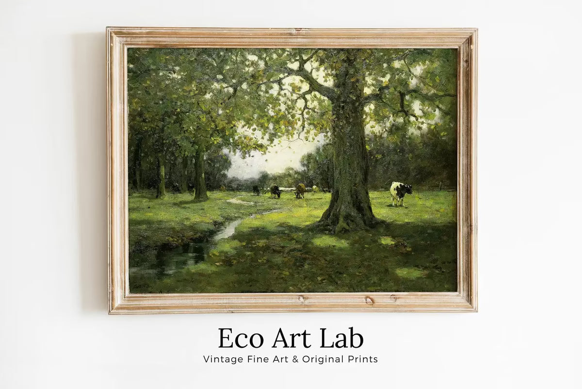 Grazing Cows Rustic Meadow Painting. Printable Antique Cow Art. Vintage Farmhouse Print. Country Landscape Painting. Vintage Landscape. – Printable Wall Art