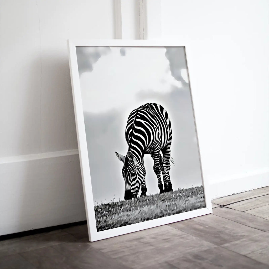 Included artwork preview showing first selection of artworks from Grazing Zebra Black and White Printable Wall Art. Zebra Digital Print Black and White Art Vertical Downloadable Art. Safari Animals Print.