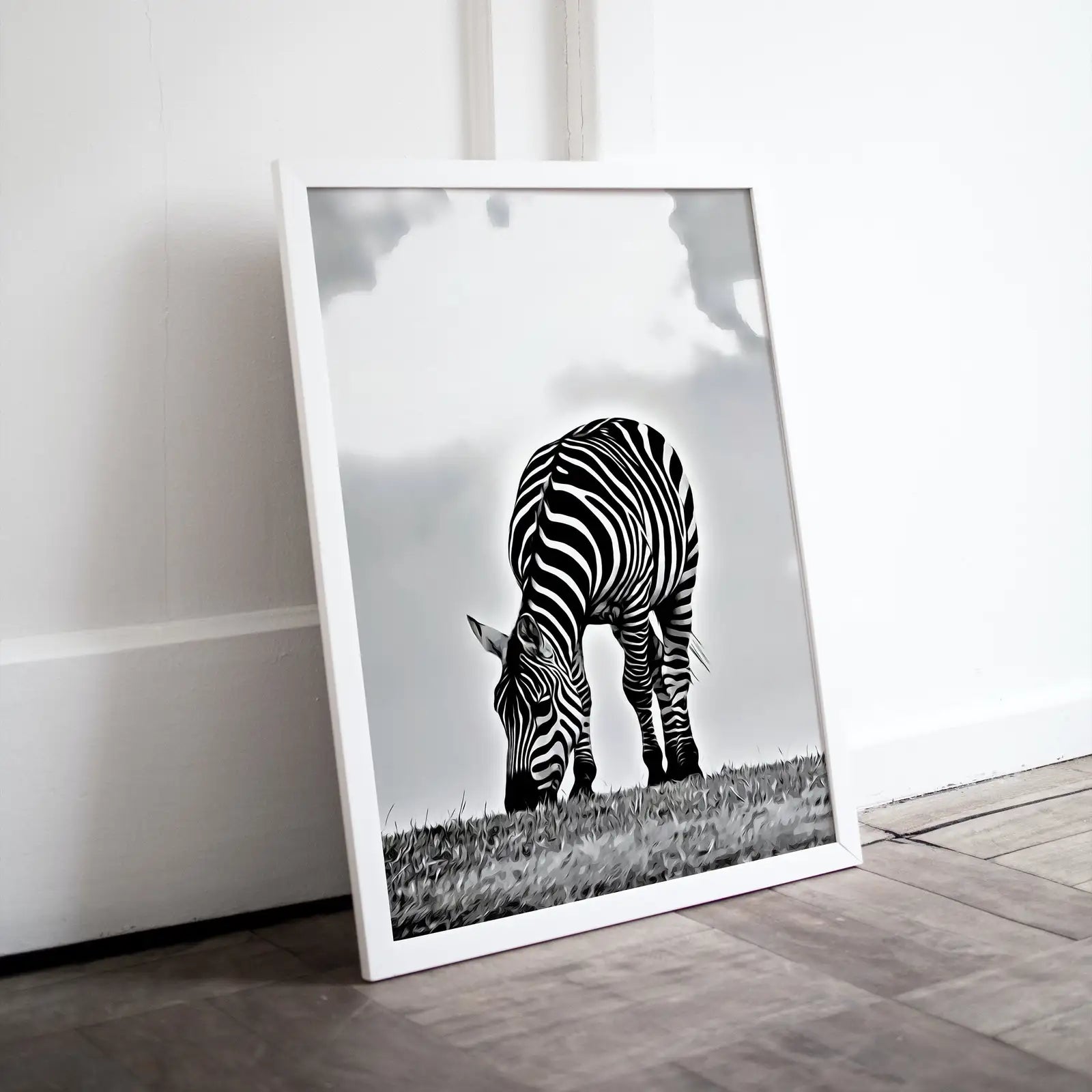 Included artwork preview showing first selection of artworks from Grazing Zebra Black and White Printable Wall Art. Zebra Digital Print Black and White Art Vertical Downloadable Art. Safari Animals Print.
