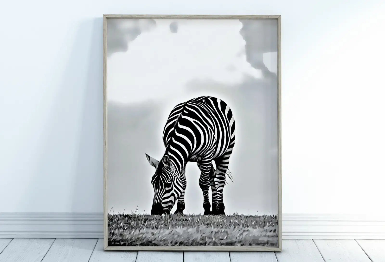 Detail view of artwork from Grazing Zebra Black and White Printable Wall Art. Zebra Digital Print Black and White Art Vertical Downloadable Art. Safari Animals Print. (variation 1)