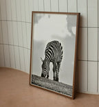 Detail view of artwork from Grazing Zebra Black and White Printable Wall Art. Zebra Digital Print Black and White Art Vertical Downloadable Art. Safari Animals Print. (variation 2)