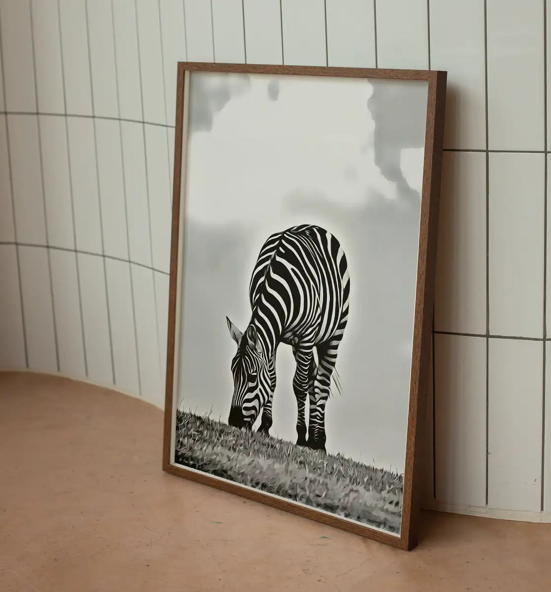 Detail view of artwork from Grazing Zebra Black and White Printable Wall Art. Zebra Digital Print Black and White Art Vertical Downloadable Art. Safari Animals Print. (variation 2)