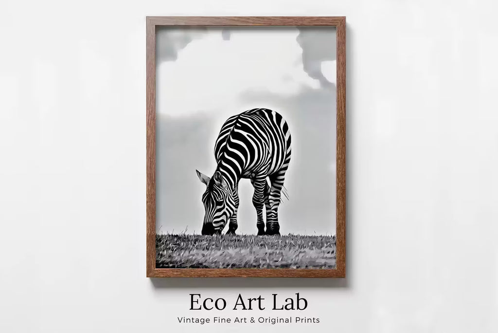 Grazing Zebra Black and White Printable Wall Art. Zebra Digital Print Black and White Art Vertical Downloadable Art. Safari Animals Print – Printable Wall Art