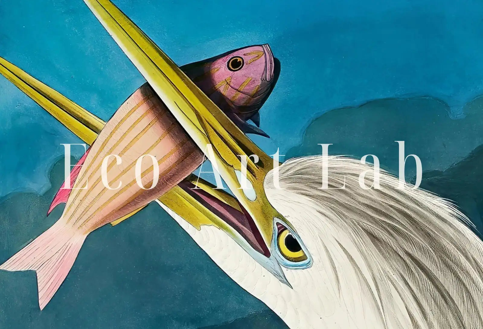 Detail view of artwork from Great White Heron Vintage Tropical Bird Printable Wall Art. Wildlife Nature Colorful Tropical Decor. Instant Download. Bird Poster Art Print. (variation 1)