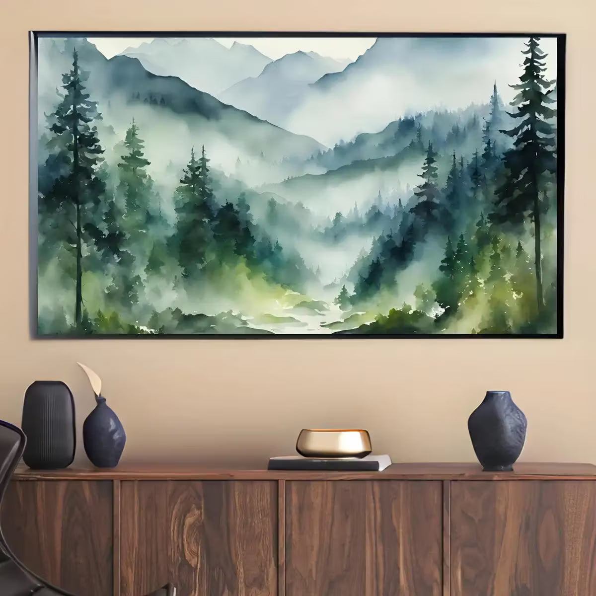 Green And Blue Mountain Art For Samsung Frame TV I Watercolor Landscape Nature Design I 4K Wall Art For Home Decor – Frame TV  Art