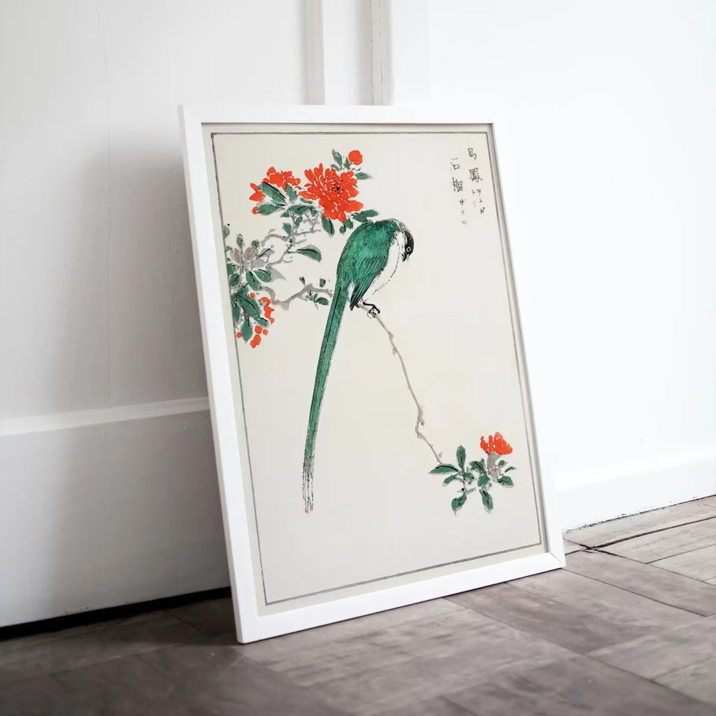 Green Bird on Branch Vintage Japanese Painting. Japanese Wall Art Printable Poster. 19th Century Japanese Vintage Wall Art, Bird Asian Art – Printable Wall Art