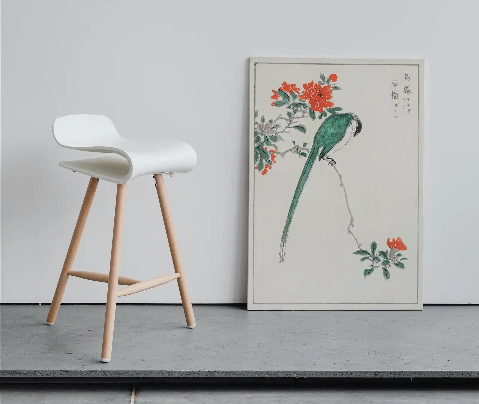 Detail view of artwork from Green Bird on Branch Vintage Japanese Painting. Japanese Wall Art Printable Poster. 19th Century Japanese Vintage Wall Art, Bird Asian Art. (variation 1)