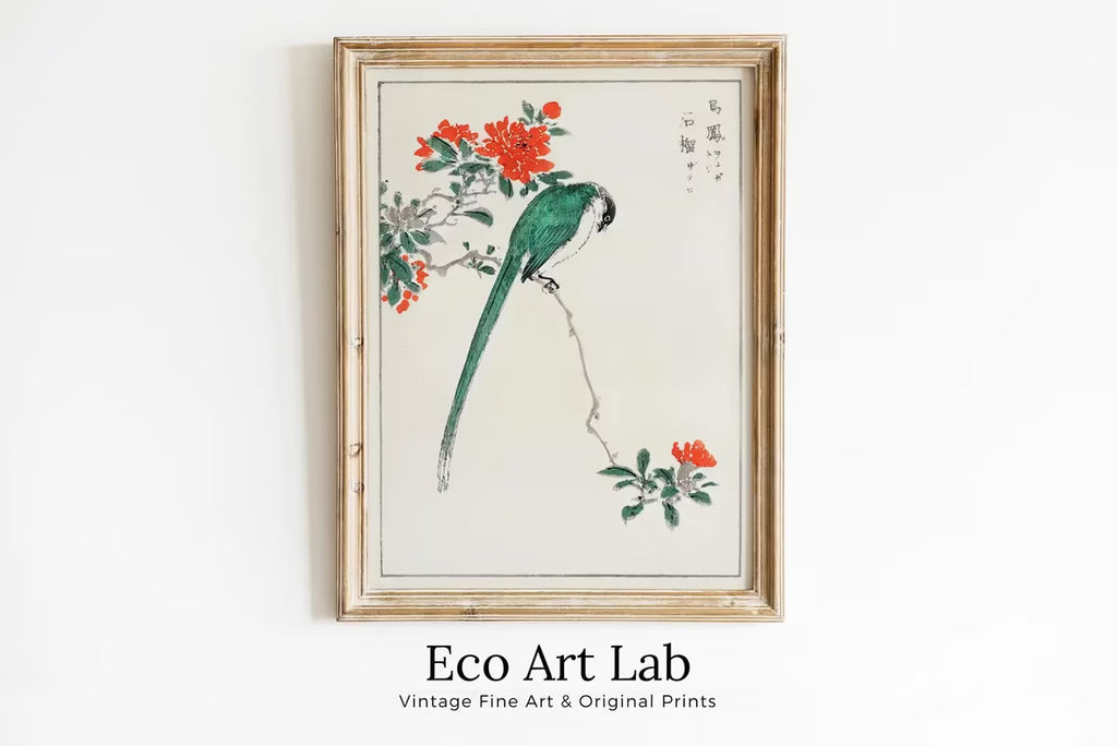 Green Bird on Branch Vintage Japanese Painting. Japanese Wall Art Printable Poster. 19th Century Japanese Vintage Wall Art, Bird Asian Art – Printable Wall Art