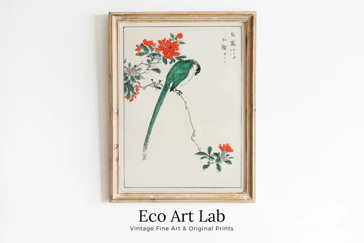 Green Bird on Branch Vintage Japanese Painting. Japanese Wall Art Printable Poster. 19th Century Japanese Vintage Wall Art, Bird Asian Art – Printable Wall Art