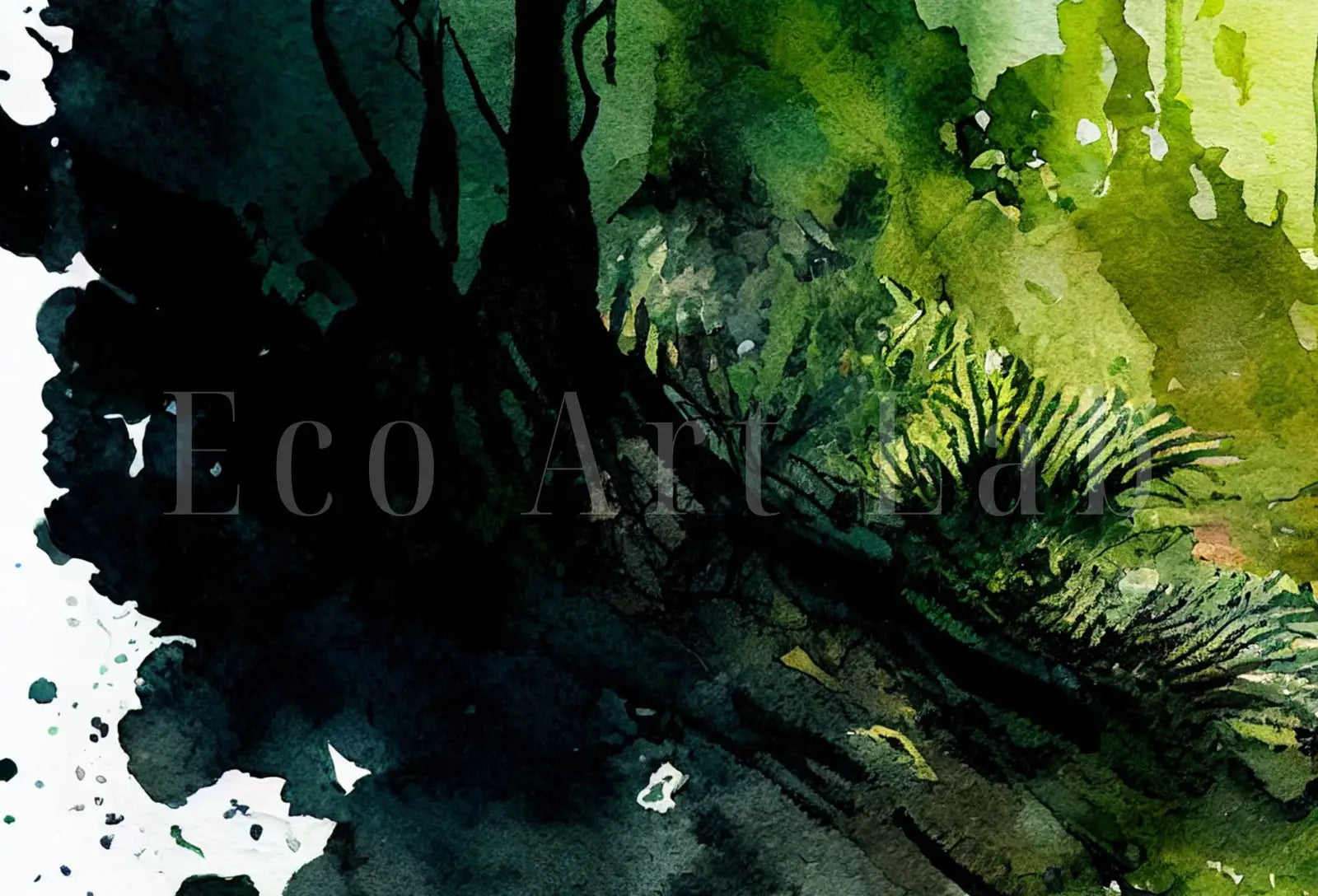 Detail view of artwork from Green Forest Landscape Printable. Forest Trees Watercolor Painting Print. Printable Wall Art. Digital Art. Nature Decor. Forest View Art. (variation 1)