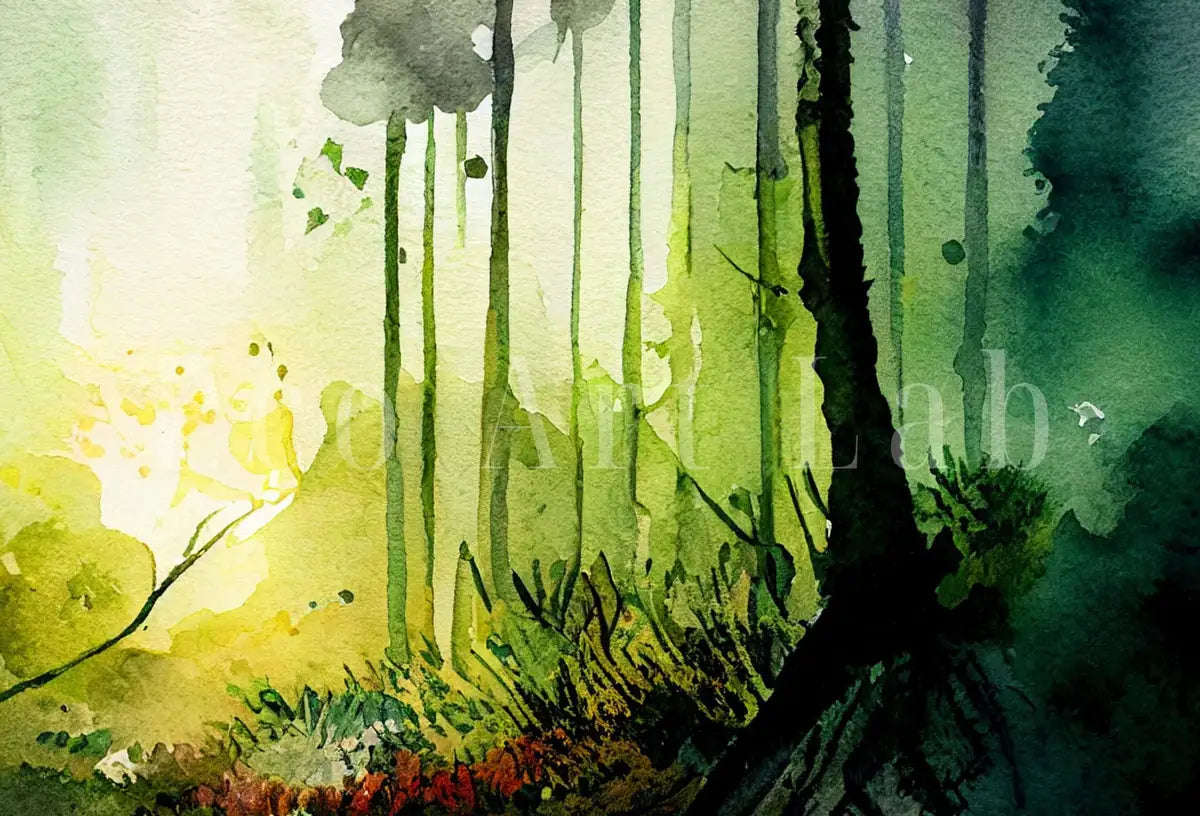 Detail view of artwork from Green Forest Landscape Printable. Forest Trees Watercolor Painting Print. Printable Wall Art. Digital Art. Nature Decor. Forest View Art. (variation 2)