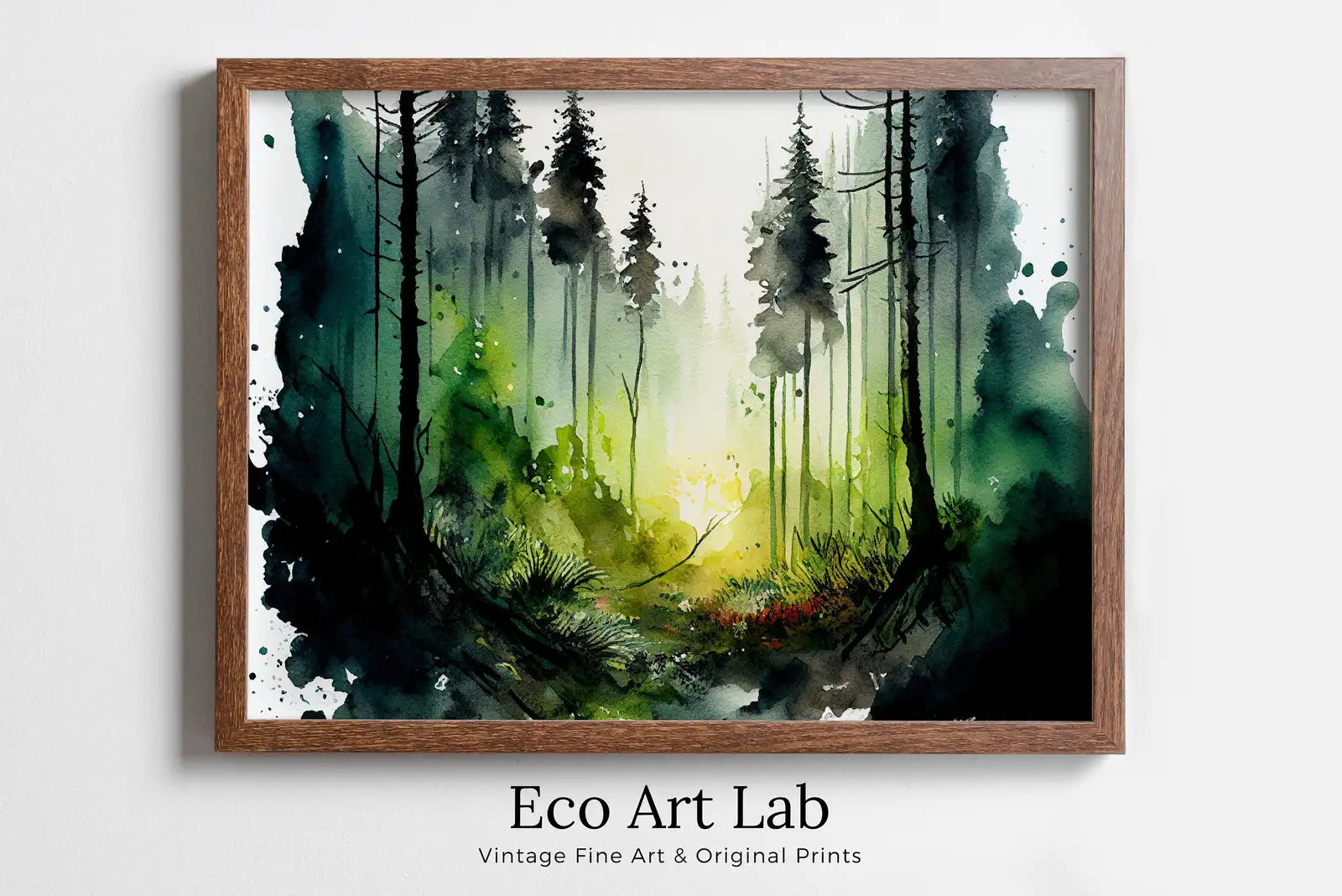 Framed view of Green Forest Landscape Printable. Forest Trees Watercolor Painting Print. Printable Wall Art. Digital Art. Nature Decor. Forest View Art – printable wall art digital download.