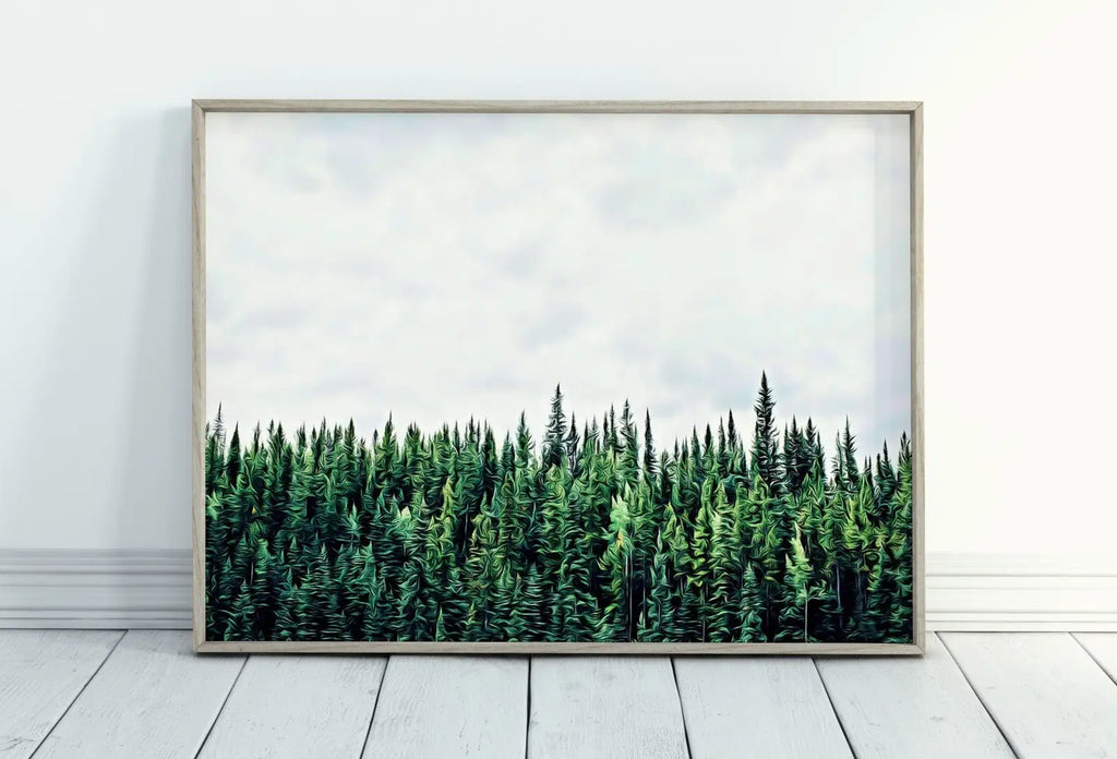 Included artwork preview showing first selection of artworks from Green Forest Print Nature Wall Art. Pine Trees Printable Photography. Forest Print, Modern Decor, Forest Photography, Green Forest Landscape.