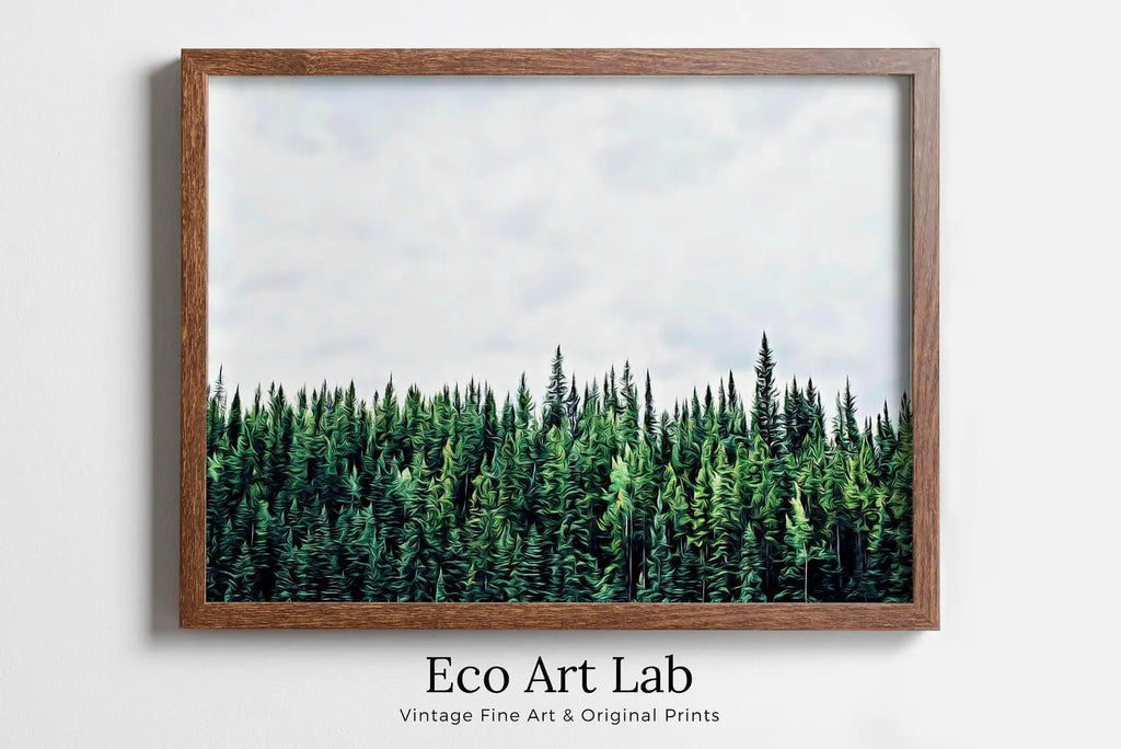 Framed view of Green Forest Print Nature Wall Art. Pine Trees Printable Photography. Forest Print, Modern Decor, Forest Photography, Green Forest Landscape – printable wall art digital download.