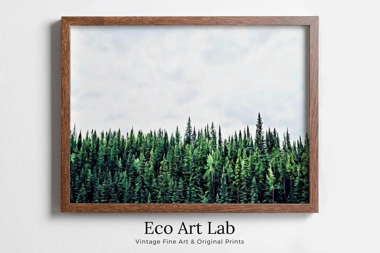 Framed view of Green Forest Print Nature Wall Art. Pine Trees Printable Photography. Forest Print, Modern Decor, Forest Photography, Green Forest Landscape – printable wall art digital download.