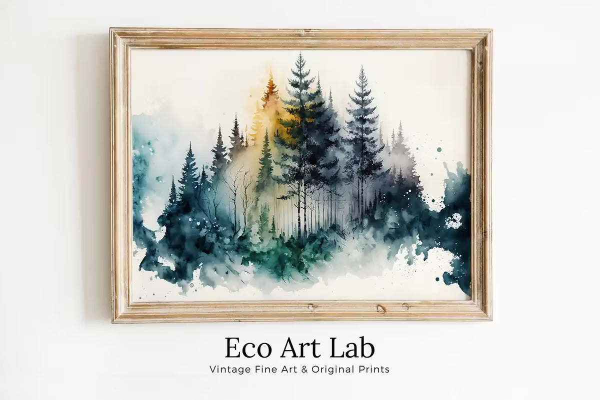 Green Forest Trees in Winter Painting Print. Watercolor Forest Landscape Printable. Printable Wall Art. Digital Art Nature Decor. Forest Art – Printable Wall Art