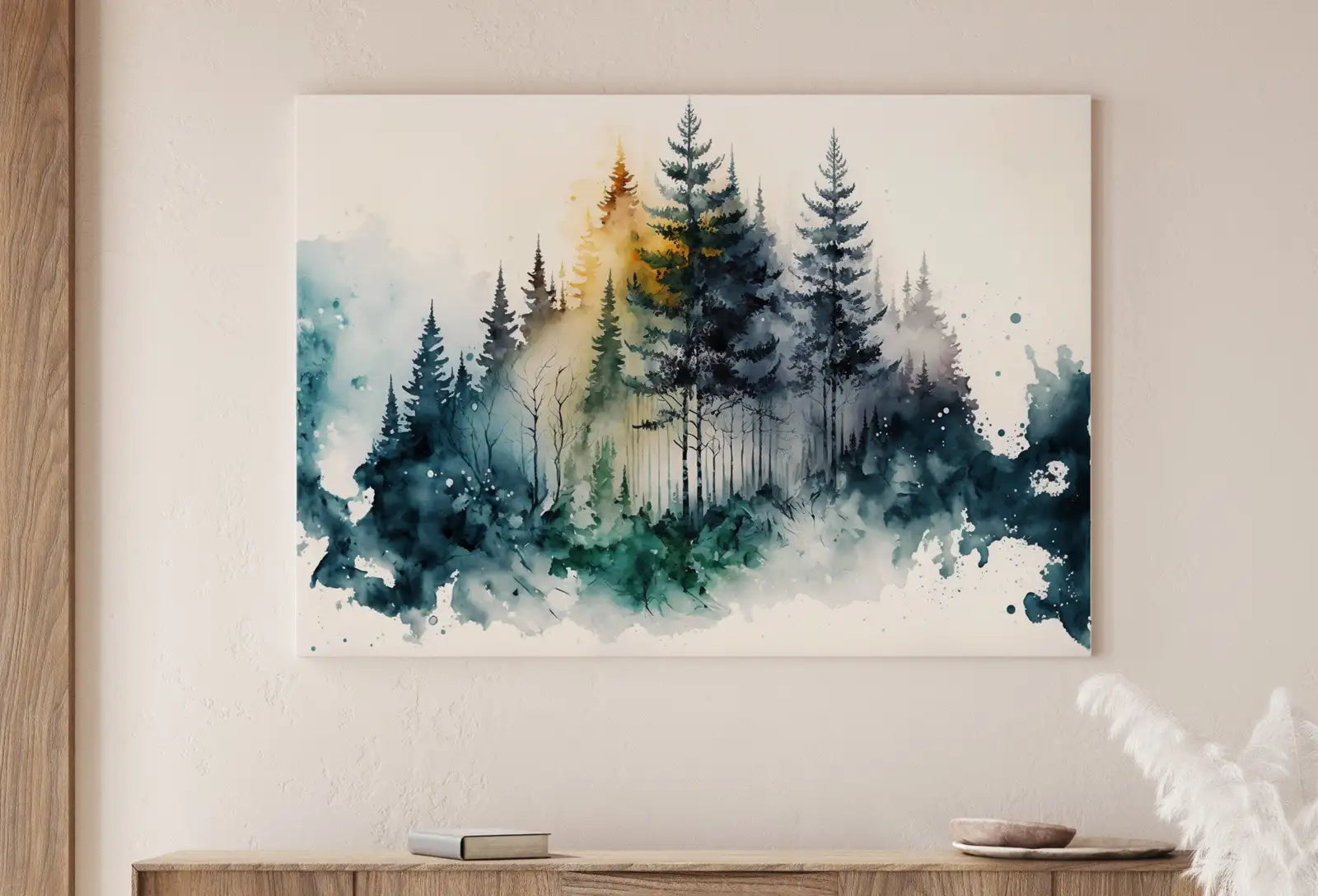 Detail view of artwork from Green Forest Trees in Winter Painting Print. Watercolor Forest Landscape Printable. Printable Wall Art. Digital Art Nature Decor. Forest Art. (variation 1)