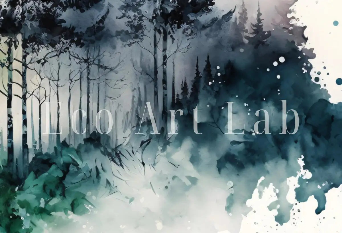 Detail view of artwork from Green Forest Trees in Winter Painting Print. Watercolor Forest Landscape Printable. Printable Wall Art. Digital Art Nature Decor. Forest Art. (variation 2)