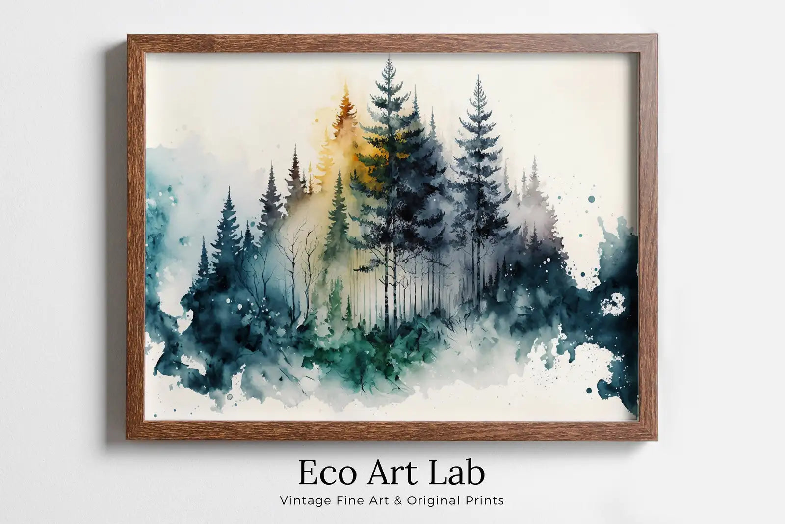 Framed view of Green Forest Trees in Winter Painting Print. Watercolor Forest Landscape Printable. Printable Wall Art. Digital Art Nature Decor. Forest Art – printable wall art digital download.