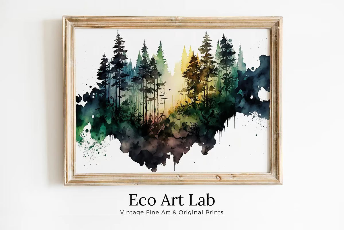 Green Forest Trees Painting Print. Printable Wall Art. Digital Art. Nature Decor. Watercolor Forest Landscape Printable. Mountain Forest Art – Printable Wall Art