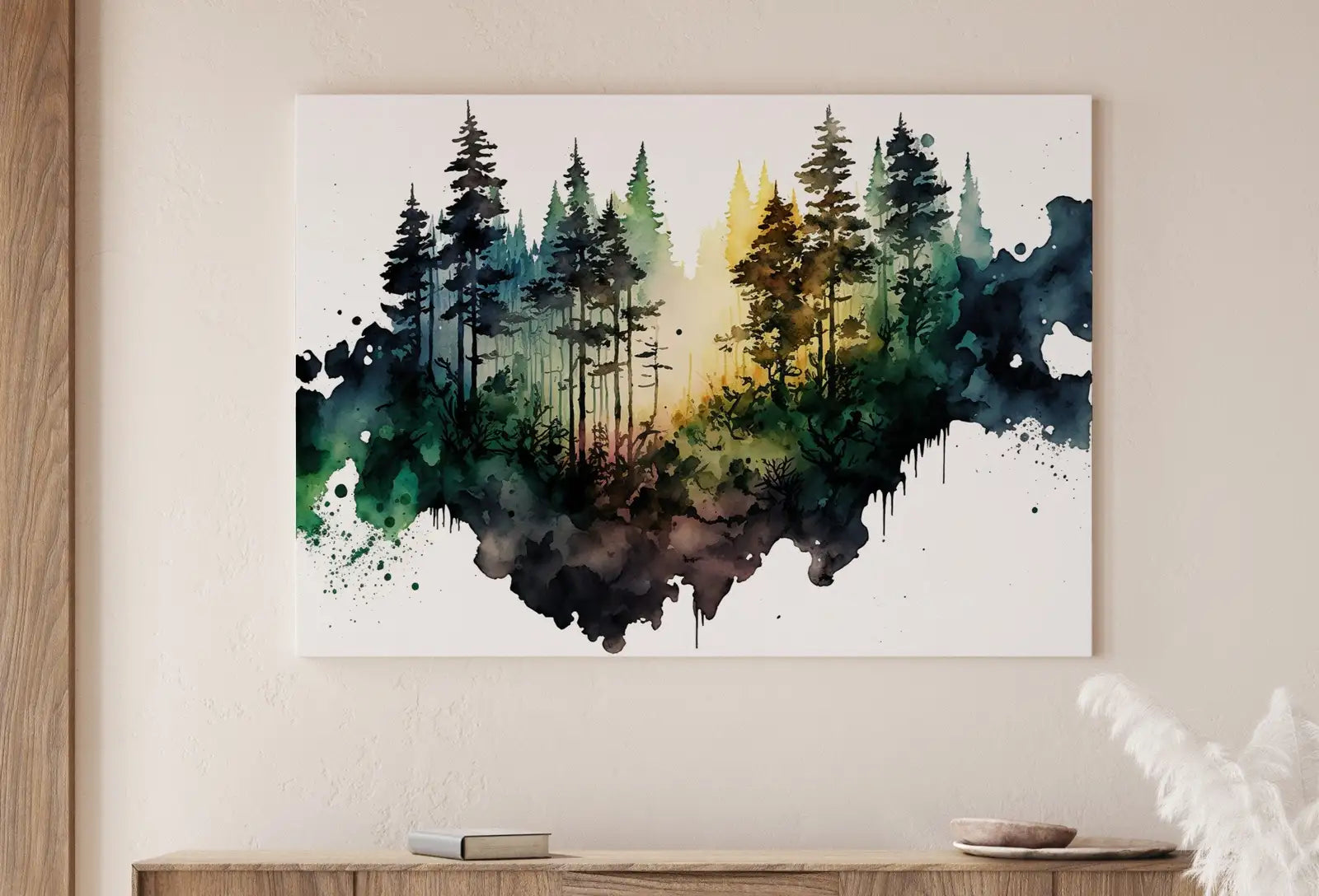 Detail view of artwork from Green Forest Trees Painting Print. Printable Wall Art. Digital Art. Nature Decor. Watercolor Forest Landscape Printable. Mountain Forest Art. (variation 1)