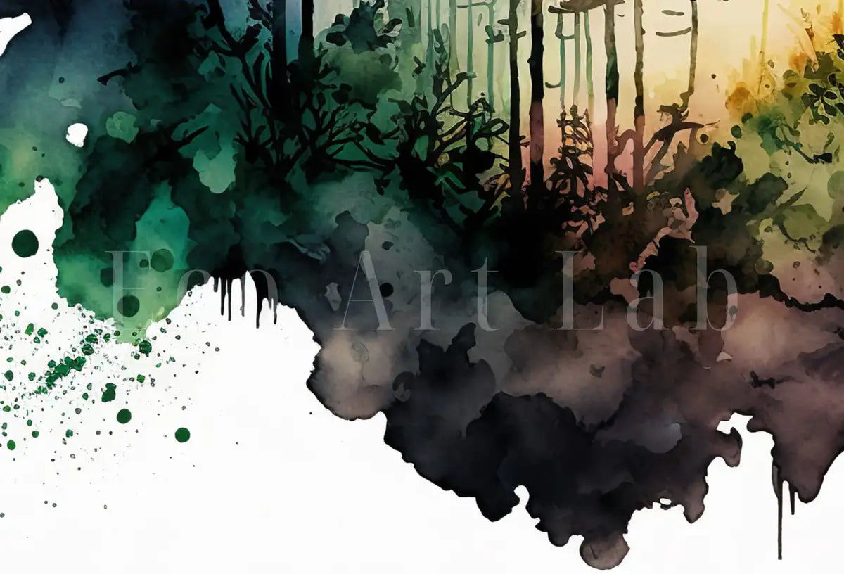 Detail view of artwork from Green Forest Trees Painting Print. Printable Wall Art. Digital Art. Nature Decor. Watercolor Forest Landscape Printable. Mountain Forest Art. (variation 2)