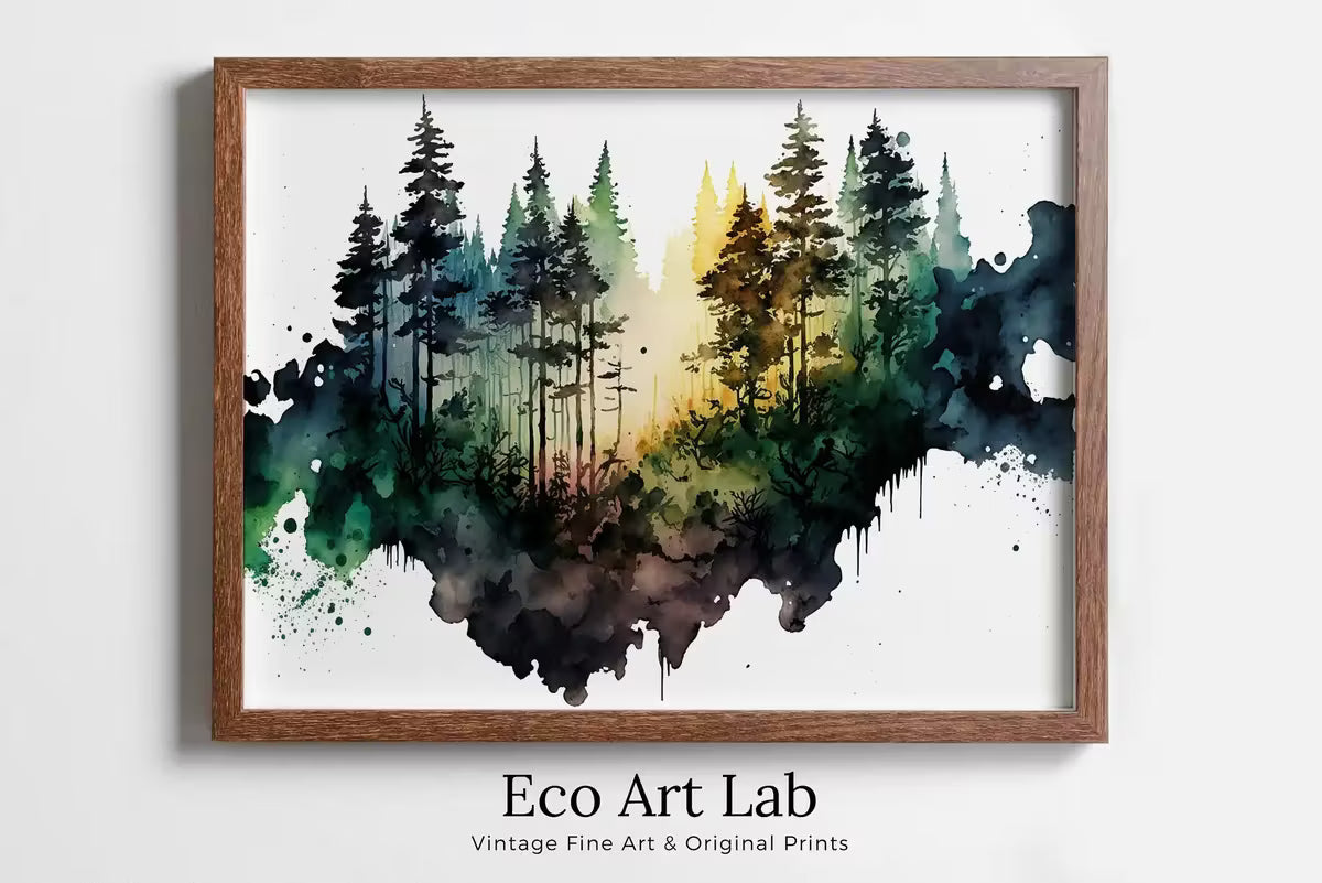 Green Forest Trees Painting Print. Printable Wall Art. Digital Art. Nature Decor. Watercolor Forest Landscape Printable. Mountain Forest Art – Printable Wall Art