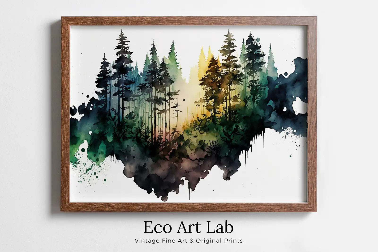 Framed view of Green Forest Trees Painting Print. Printable Wall Art. Digital Art. Nature Decor. Watercolor Forest Landscape Printable. Mountain Forest Art – printable wall art digital download.