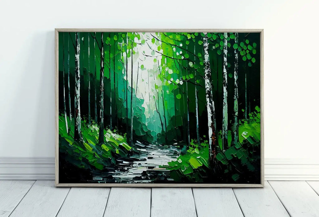 Included artwork preview showing first selection of artworks from Green Forest Trees Painting Print. Textured Forest Landscape Printable. Printable Wall Art. Digital Art. Nature Decor. Mountain Forest Art.