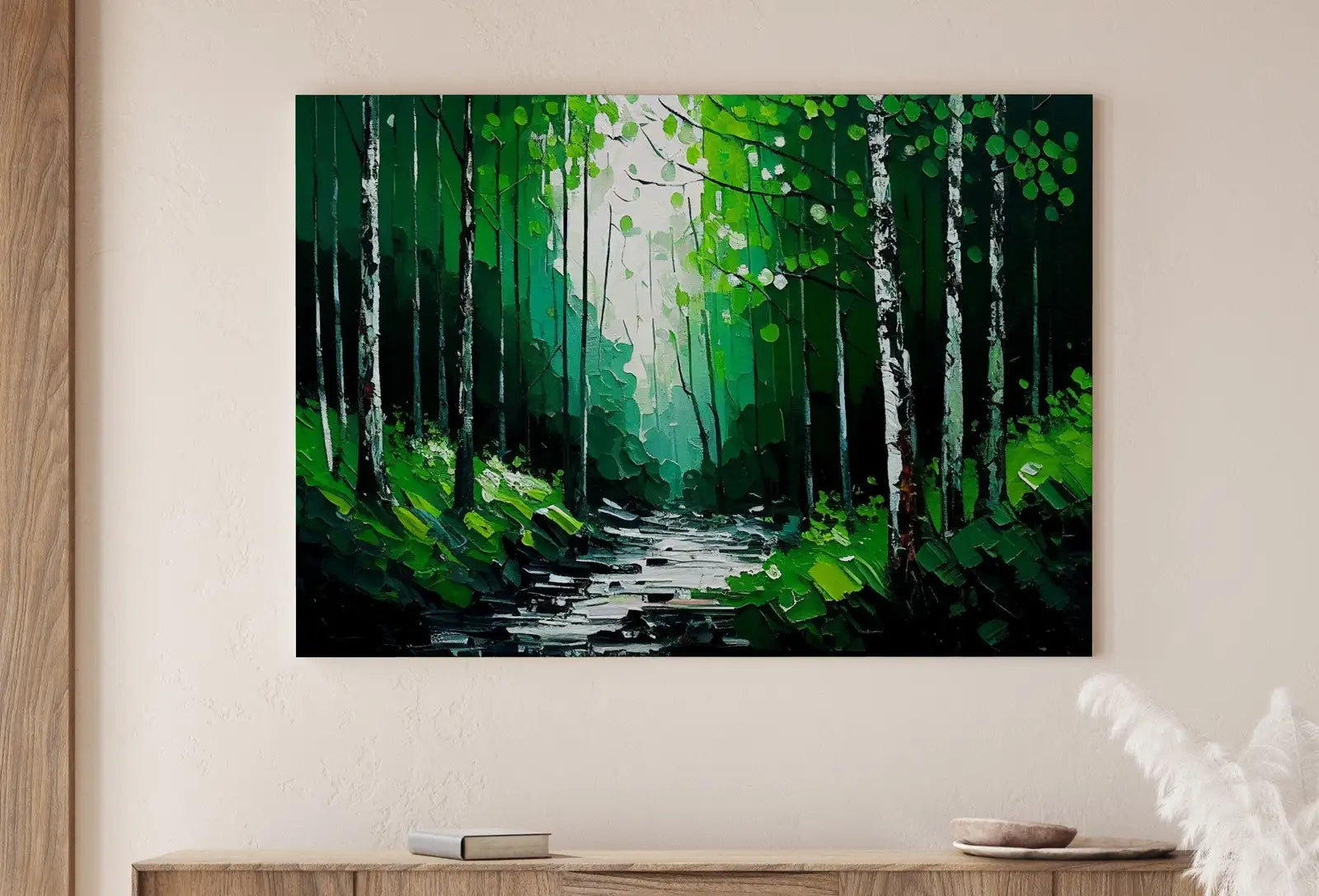 Detail view of artwork from Green Forest Trees Painting Print. Textured Forest Landscape Printable. Printable Wall Art. Digital Art. Nature Decor. Mountain Forest Art. (variation 1)