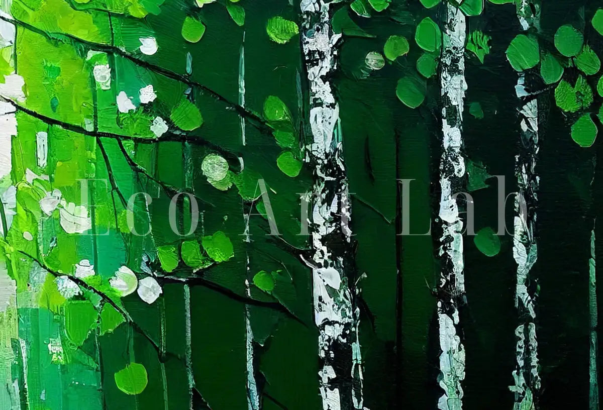Detail view of artwork from Green Forest Trees Painting Print. Textured Forest Landscape Printable. Printable Wall Art. Digital Art. Nature Decor. Mountain Forest Art. (variation 2)
