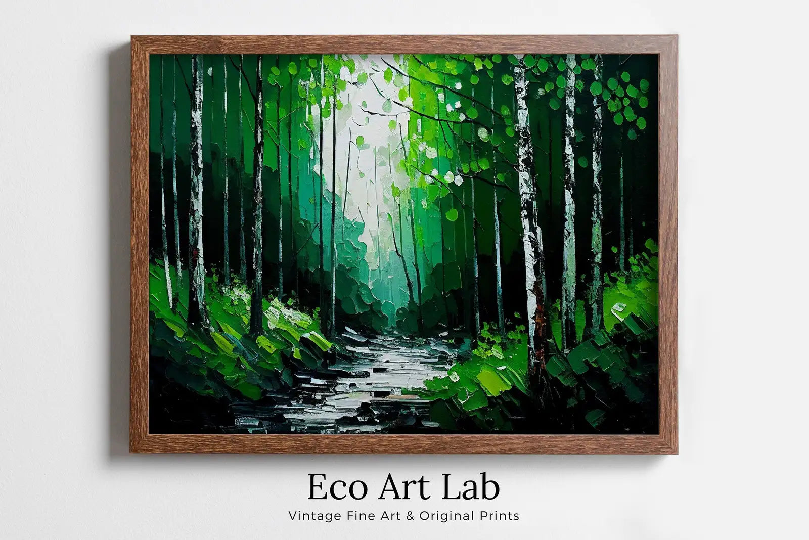 Framed view of Green Forest Trees Painting Print. Textured Forest Landscape Printable. Printable Wall Art. Digital Art. Nature Decor. Mountain Forest Art – printable wall art digital download.