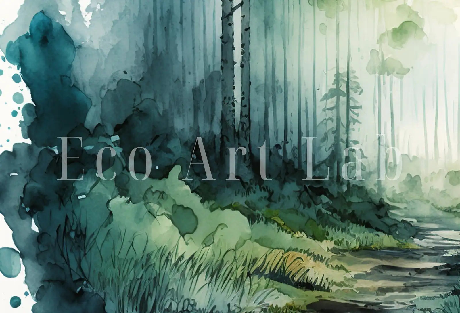 Detail view of artwork from Green Forest Trees Painting Print. Watercolor Forest Landscape Printable. Nature Decor Printable Wall Art. Forest Painting Art. Digital Art. (variation 1)