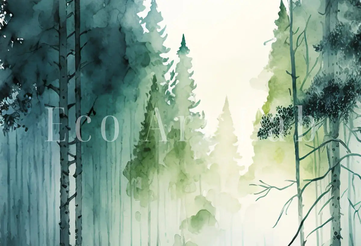 Detail view of artwork from Green Forest Trees Painting Print. Watercolor Forest Landscape Printable. Nature Decor Printable Wall Art. Forest Painting Art. Digital Art. (variation 2)