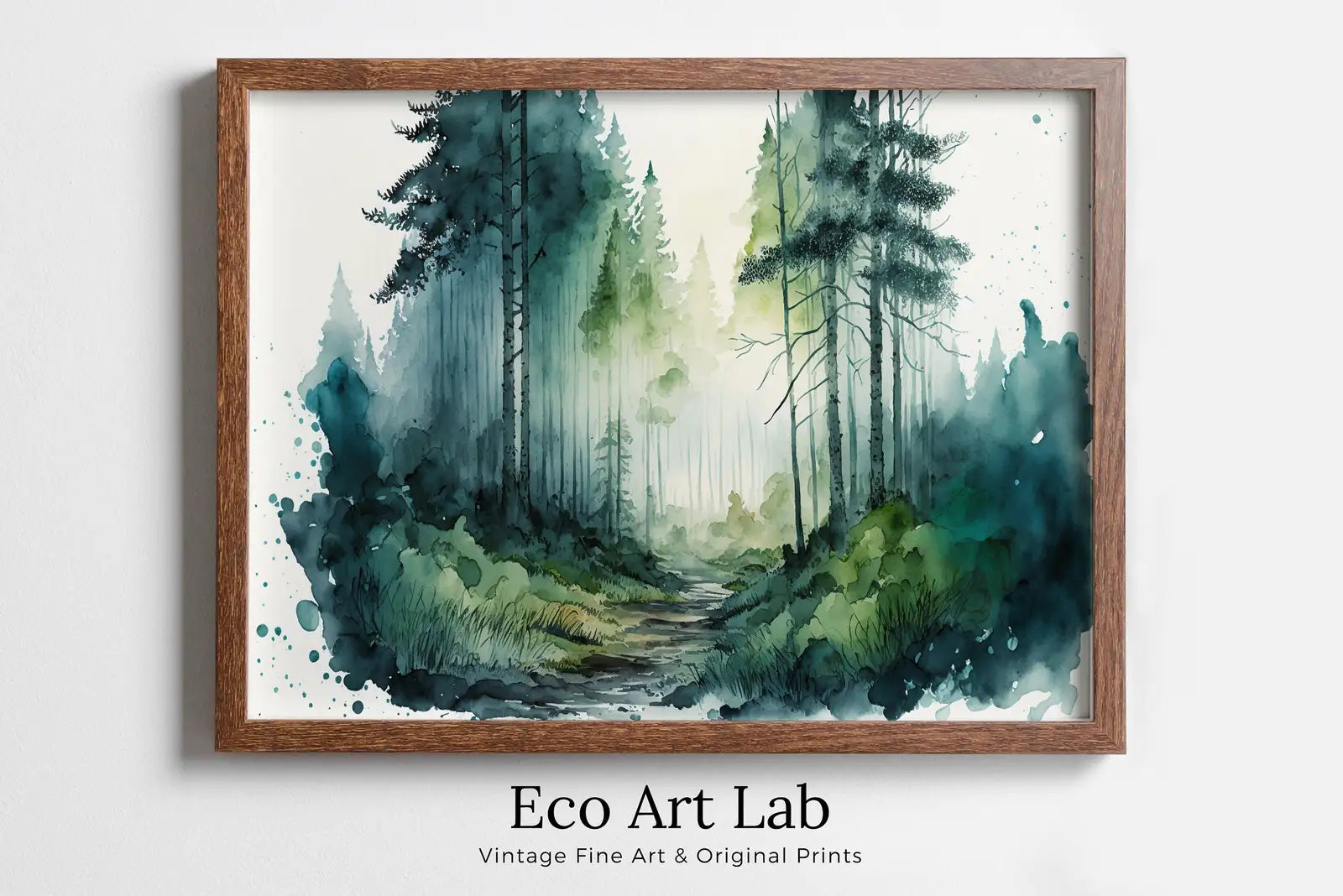 Framed view of Green Forest Trees Painting Print. Watercolor Forest Landscape Printable. Nature Decor Printable Wall Art. Forest Painting Art. Digital Art – printable wall art digital download.
