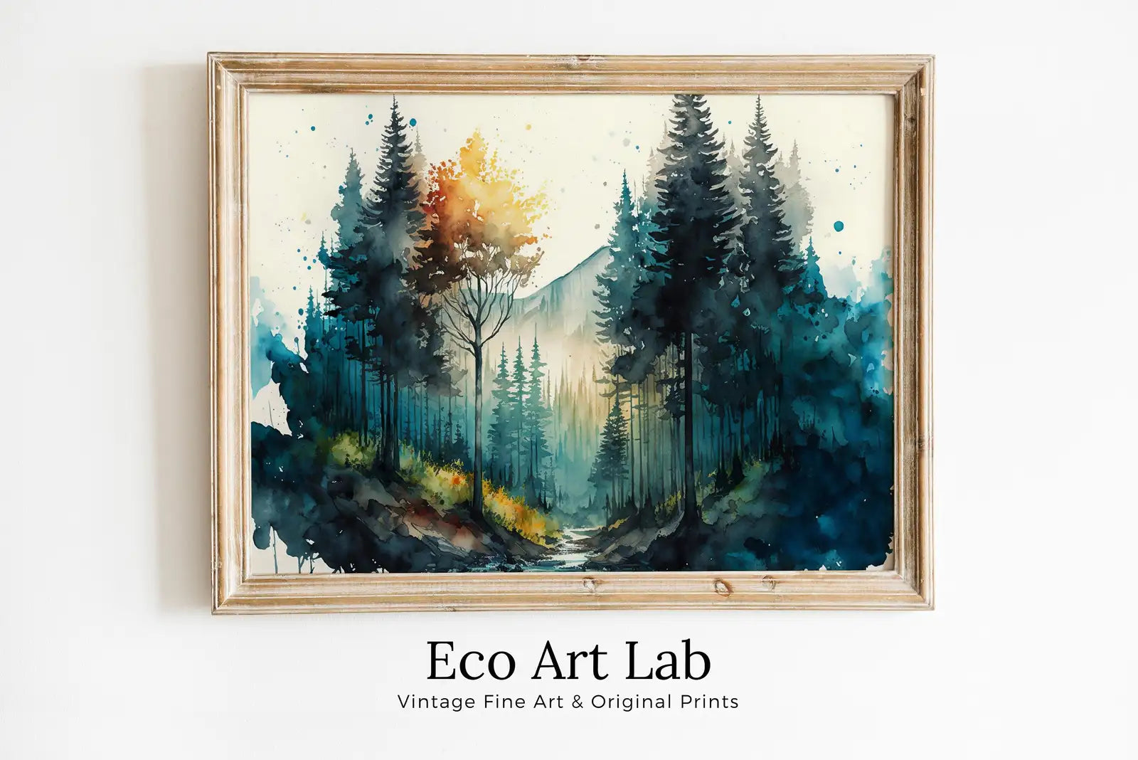 Included artwork preview showing first selection of artworks from Green Forest Trees Painting Print. Watercolor Forest Landscape Printable. Printable Wall Art. Digital Art. Nature Decor. Mountain Forest Art.