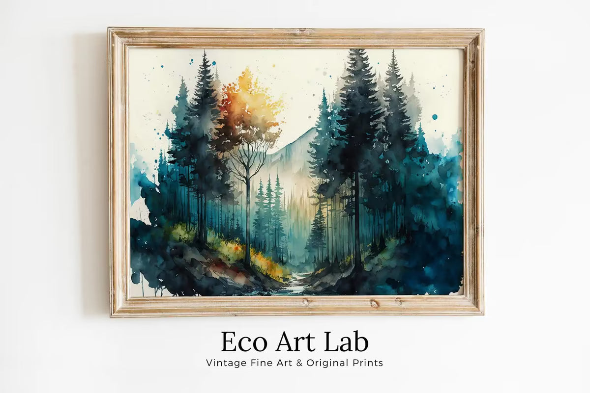 Green Forest Trees Painting Print. Watercolor Forest Landscape Printable. Printable Wall Art. Digital Art. Nature Decor. Mountain Forest Art – Printable Wall Art