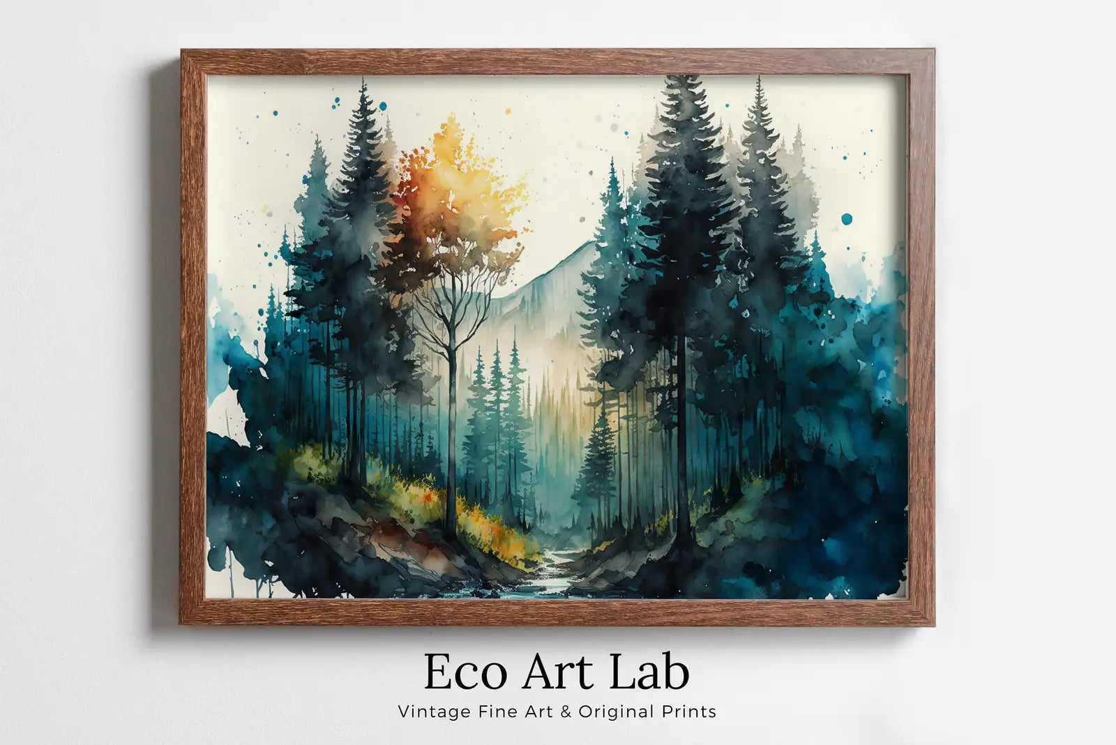 Framed view of Green Forest Trees Painting Print. Watercolor Forest Landscape Printable. Printable Wall Art. Digital Art. Nature Decor. Mountain Forest Art – printable wall art digital download.