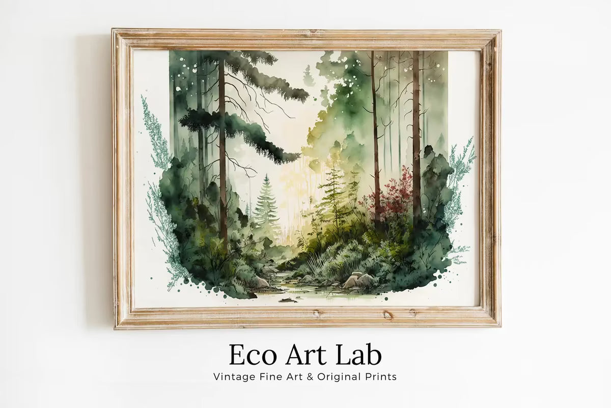 Green Forest Trees & River Watercolor Painting Print. Forest Landscape Printable. Printable Wall Art. Digital Art. Nature Decor. Forest Art – Printable Wall Art