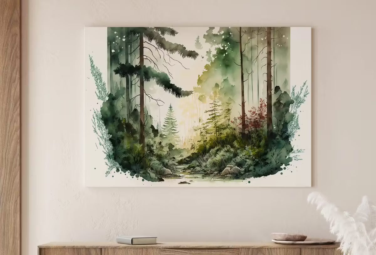 Green Forest Trees & River Watercolor Painting Print. Forest Landscape Printable. Printable Wall Art. Digital Art. Nature Decor. Forest Art – Printable Wall Art