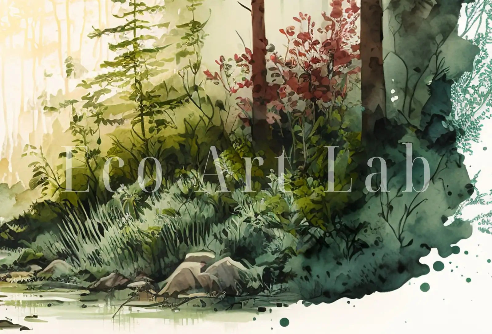 Detail view of artwork from Green Forest Trees & River Watercolor Painting Print. Forest Landscape Printable. Printable Wall Art. Digital Art. Nature Decor. Forest Art. (variation 1)