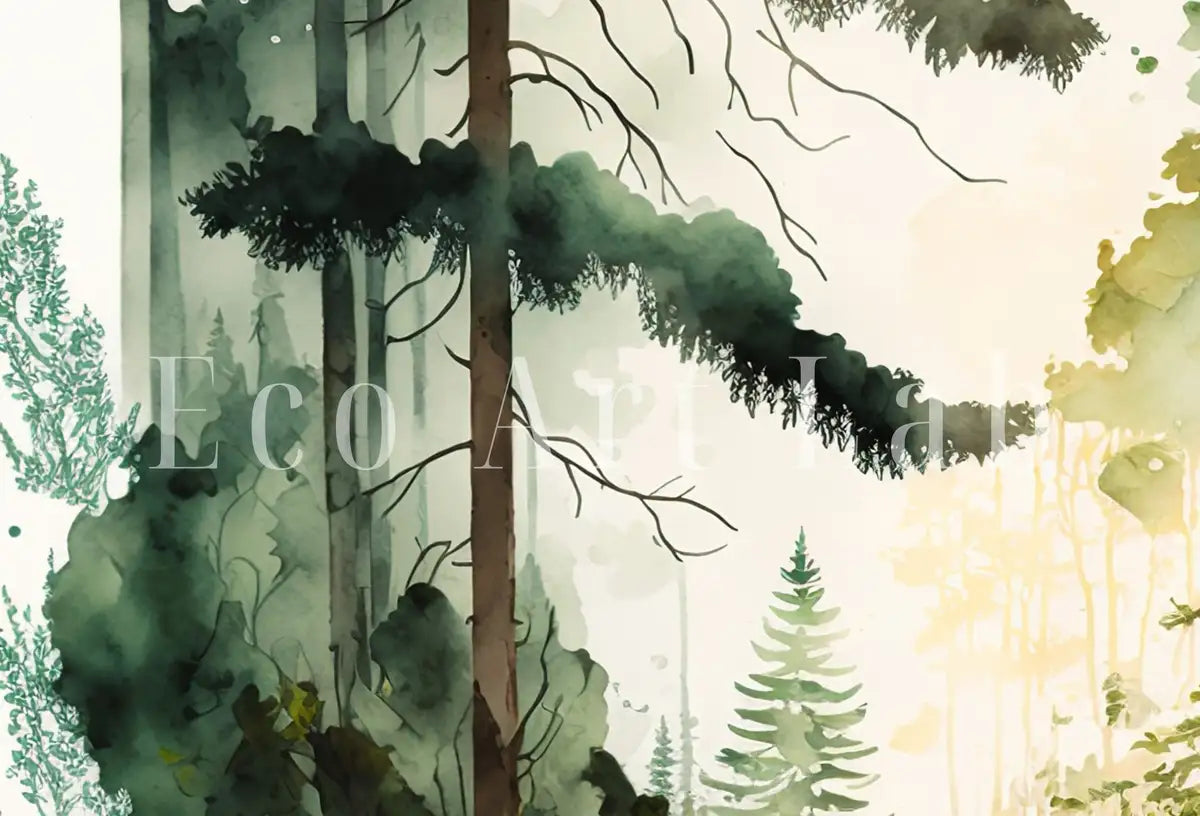 Detail view of artwork from Green Forest Trees & River Watercolor Painting Print. Forest Landscape Printable. Printable Wall Art. Digital Art. Nature Decor. Forest Art. (variation 2)