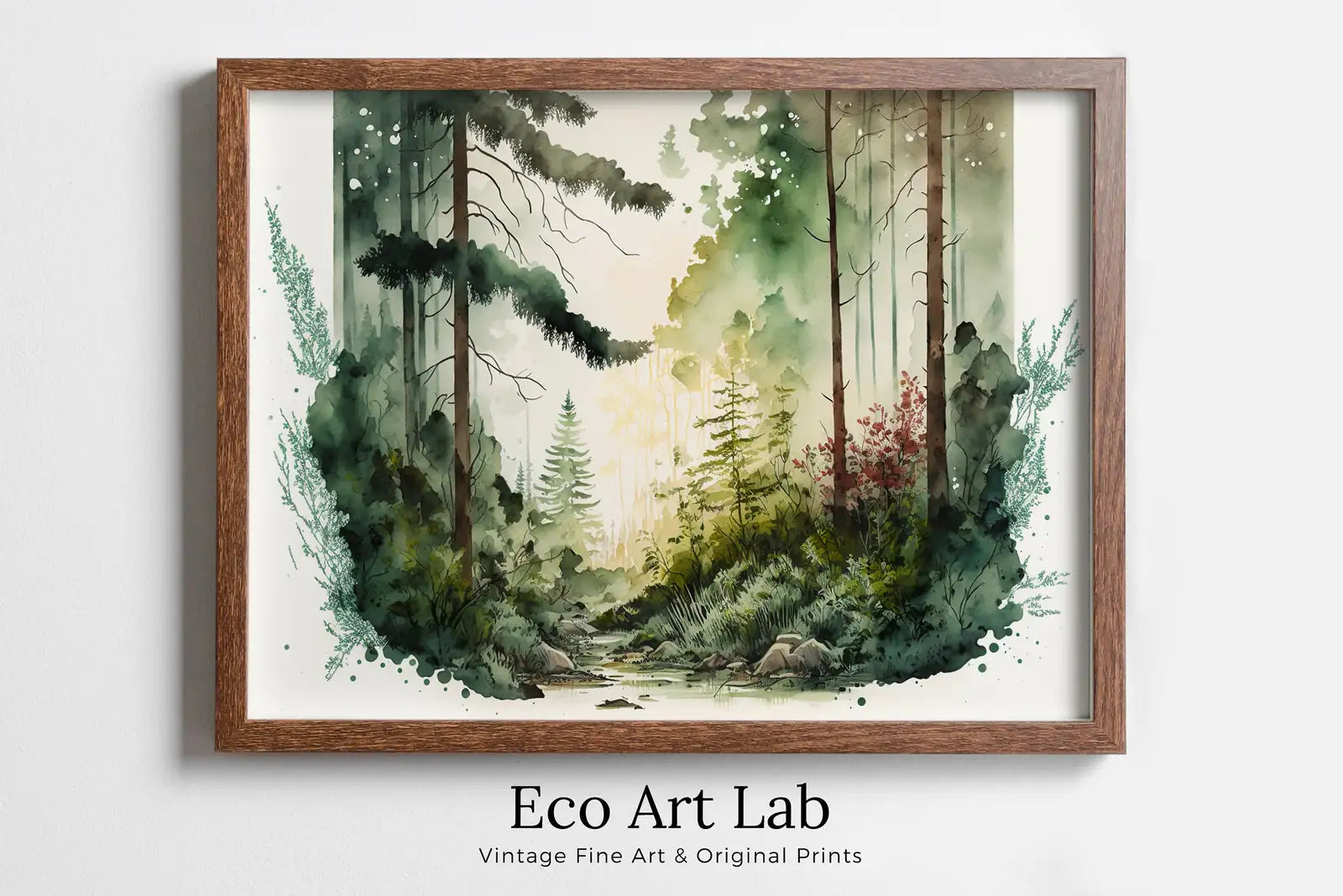 Framed view of Green Forest Trees & River Watercolor Painting Print. Forest Landscape Printable. Printable Wall Art. Digital Art. Nature Decor. Forest Art – printable wall art digital download.