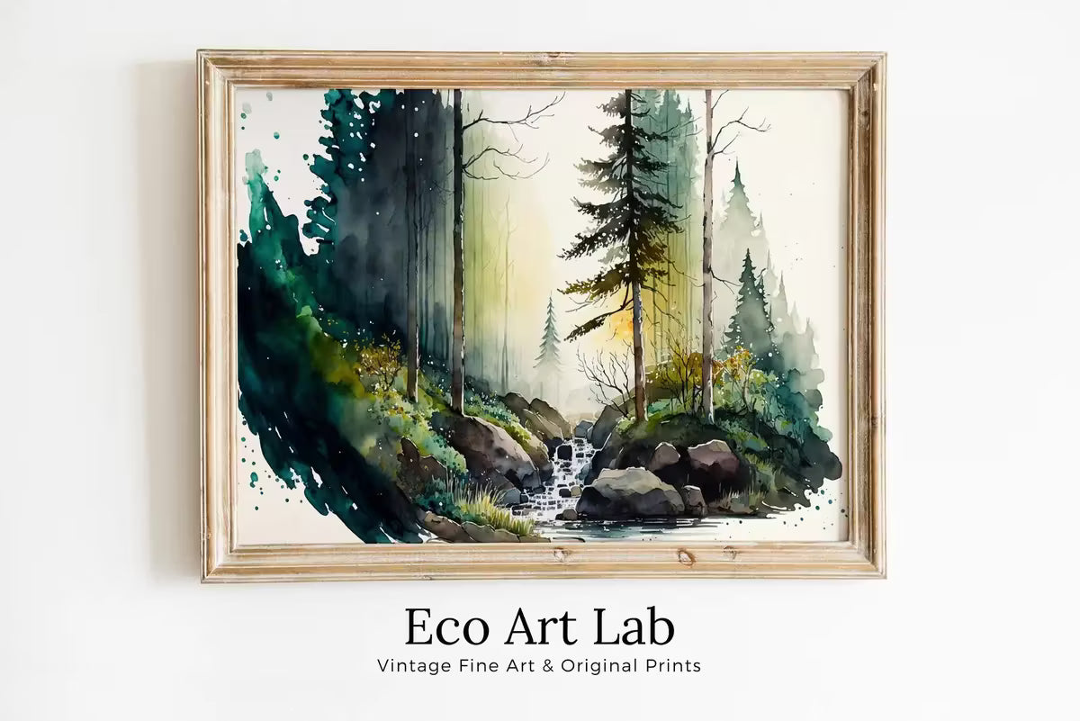 Green Forest Trees Watercolor Painting Print. Forest & River Landscape Printable. Printable Wall Art. Digital Art. Nature Decor. Forest Art – Printable Wall Art