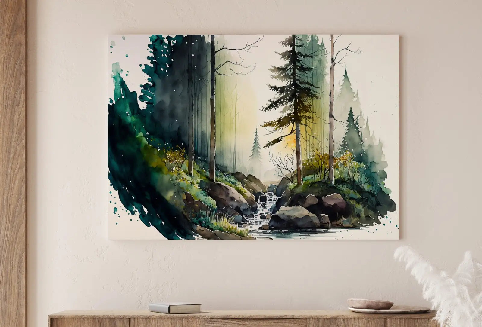 Detail view of artwork from Green Forest Trees Watercolor Painting Print. Forest & River Landscape Printable. Printable Wall Art. Digital Art. Nature Decor. Forest Art. (variation 1)