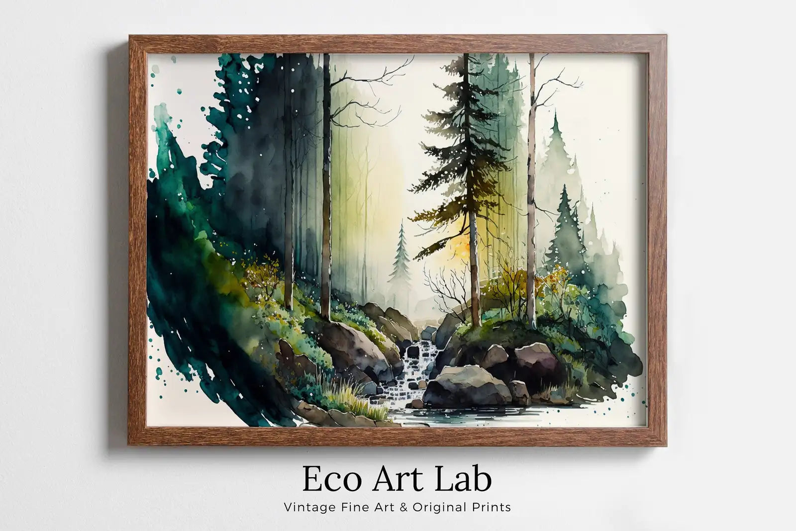 Framed view of Green Forest Trees Watercolor Painting Print. Forest & River Landscape Printable. Printable Wall Art. Digital Art. Nature Decor. Forest Art – printable wall art digital download.