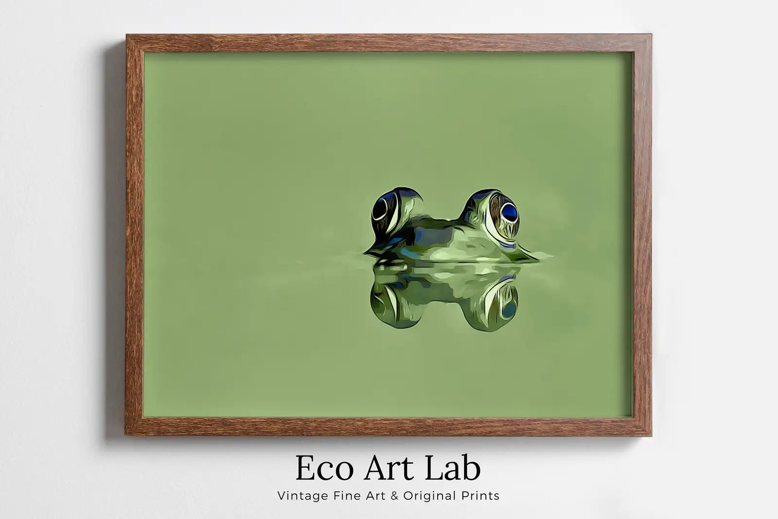 Framed view of Green Frog Sitting in Pond Wall Art Print. Frog Art Instant Download Green Animal Nursery Printable Art. Digital Painting Nursery Wall Art – printable wall art digital download.