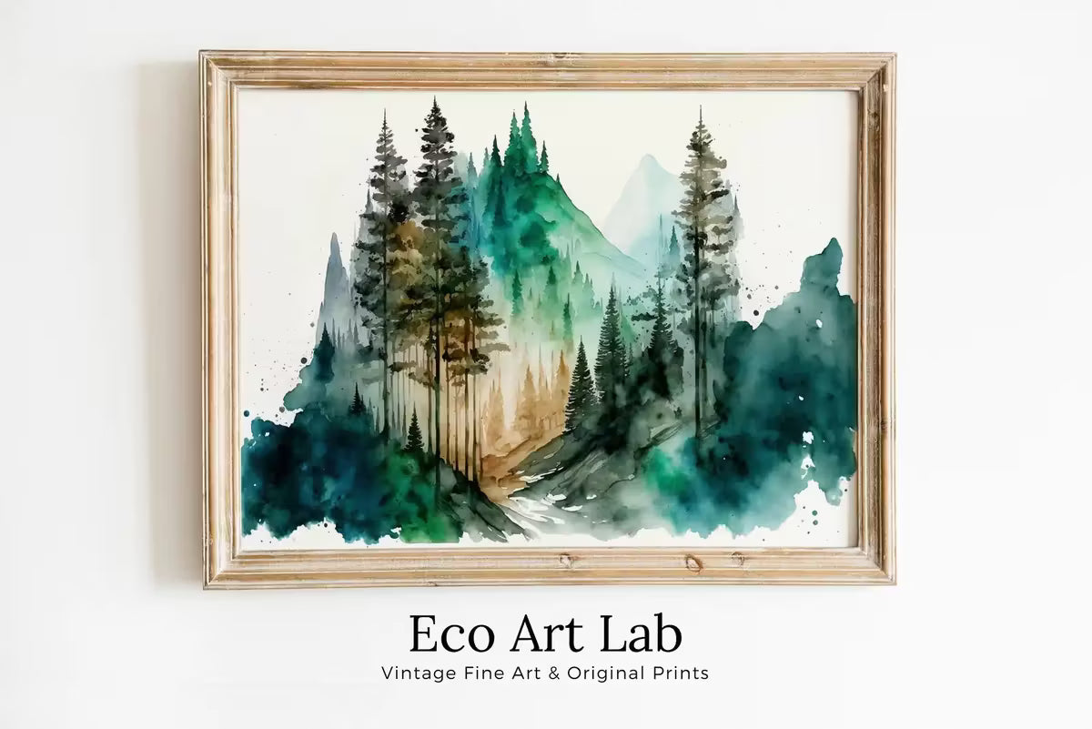 Green Mountain Forest Trees Painting Print. Watercolor Forest Landscape Printable. Printable Wall Art. Digital Art. Nature Decor. Forest Art – Printable Wall Art
